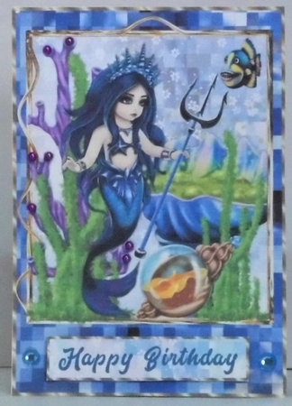 Mermaid trident mosaic gold frame quick card by Hazel Underwood