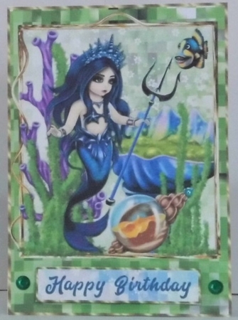 Mermaid trident green mosaic gold frame quick card by Hazel Underwood