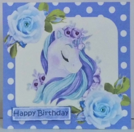 pretty blue rainbow unicorn with roses and polkadot  7x7 by Hazel Underwood