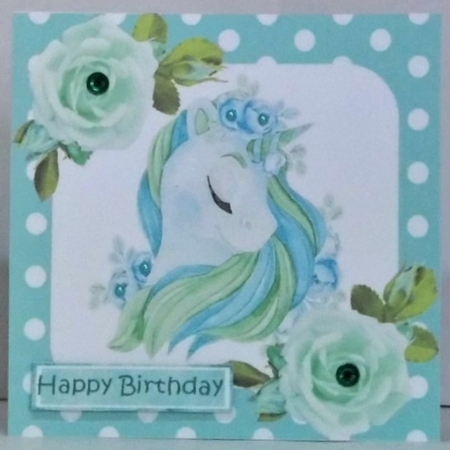 pretty turq rainbow unicorn with roses and polkadot  7x7 by Hazel Underwood