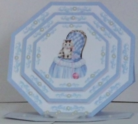 Blue cute kitten octagonal easel card with matching envelope by Hazel Underwood