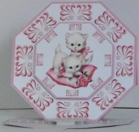 Pink cute kittens octagonal easel card with matching envelope by Hazel Underwood