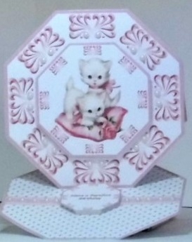 Pink cute kittens octagonal easel card with matching envelope by Hazel Underwood