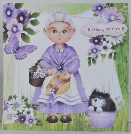 Lovely Granny in purple with flowers and butterfly 8x8 by Hazel Underwood