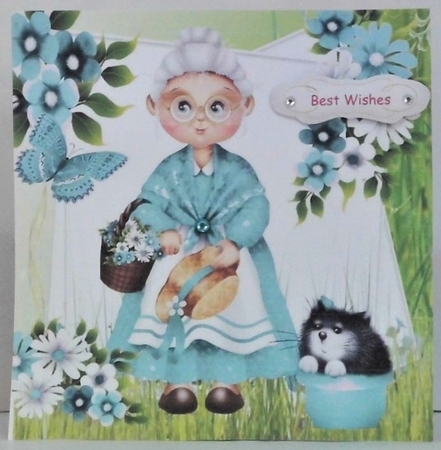Lovely Granny in turq with flowers and butterfly 8x8 by Hazel Underwood
