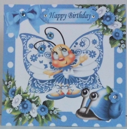 Cute blue toony butterfly with snail polkadot frame 7x7 by Hazel Underwood