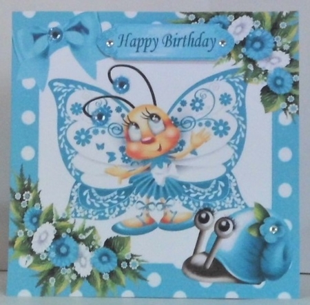 Cute turq toony butterfly with snail polkadot frame 7x7 by Hazel Underwood