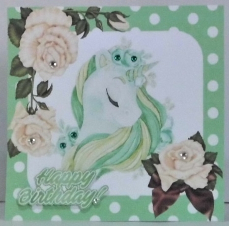 pretty fantasy rainbow green unicorn with cream roses 7x7 by Hazel Underwood