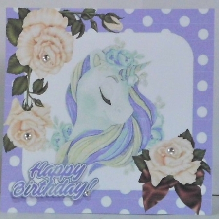 pretty fantasy rainbow purple unicorn with cream roses 7x7 by Hazel Underwood