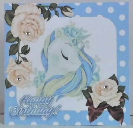 pretty fantasy rainbow blue unicorn with cream roses 7x7 by Hazel Underwood