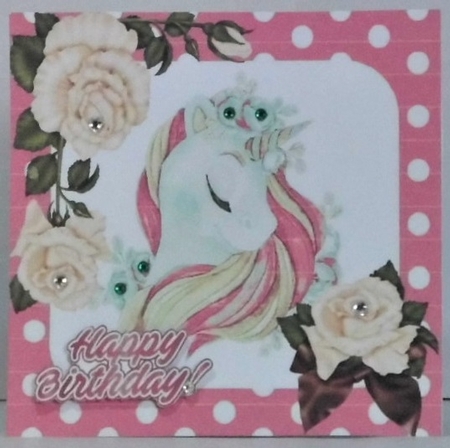 pretty fantasy rainbow pink unicorn with cream roses 7x7 by Hazel Underwood