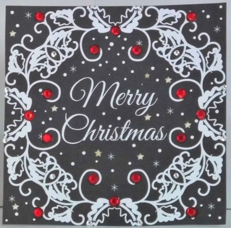 Black & White Christmas Card Front with Red Berries by Hazel Underwood