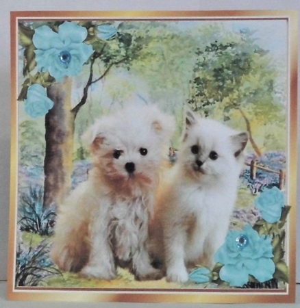 Cute kitten/puppy in the woodlands with turq corner roses 8x8 by Hazel Underwood