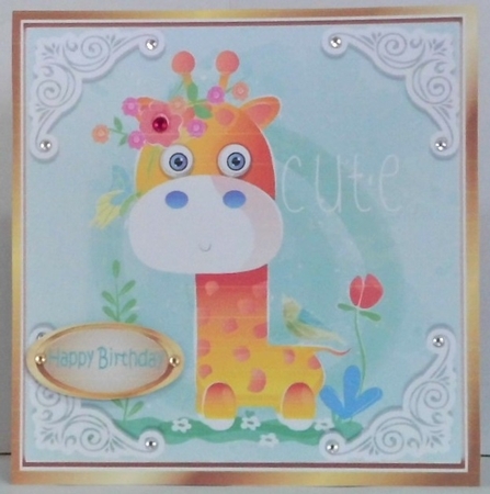 Cute Giraffe in water colour with flowers & bird 8x8 by Hazel Underwood