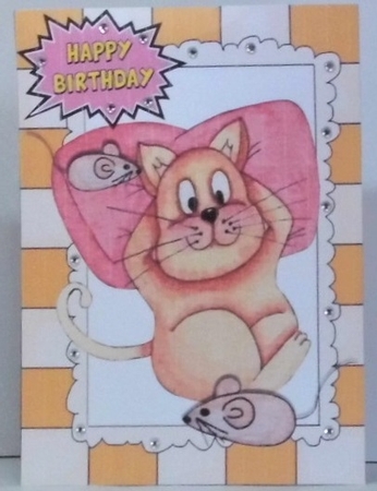 Fat Lazy Cat with mice in watercolour A5  by Hazel Underwood