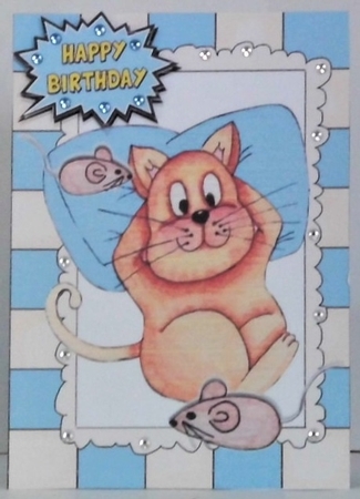 Fat Lazy Cat with mice in watercolour A4 (blue) by Hazel Underwood