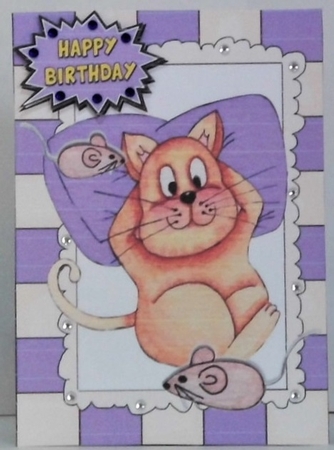 Fat Lazy Cat with mice in watercolour A5 (purple) by Hazel Underwood