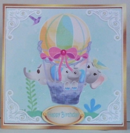 Cute painted  elephants fun in a ballon and ornate corners 8x8 by Hazel Underwood