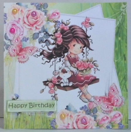 Girl on a swing with roses and butterflies 8x8 by Hazel Underwood