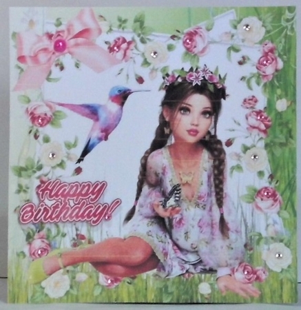 Girl with humming bird and pink roses 8x8 by Hazel Underwood