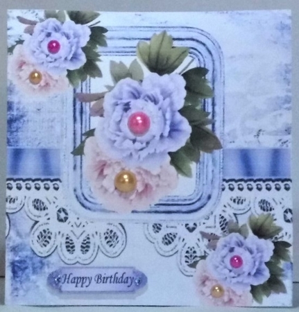 Shabby chic frame. lace with  purple/pink flowers 8x8 by Hazel Underwood