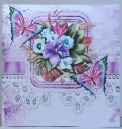 Shabby chic frame. lace with flowers and butterflies 8x8 (purple) by Hazel Underwood