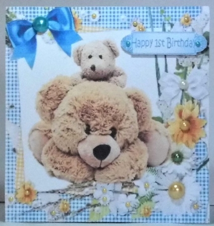 Big cuddly teddy bear and baby in blue gingham with bow 8x8 by Hazel Underwood