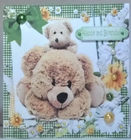 Big cuddly teddy bear and baby in green gingham with bow 8x8 by Hazel Underwood
