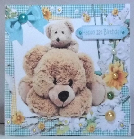 Big cuddly teddy bear and baby in turq gingham with bow 8x8 by Hazel Underwood