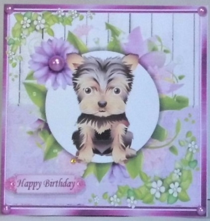 4 Lovely Card fronts with puppies, with pretty lilac flowers 8x8 Mini Kit by Hazel Underwood