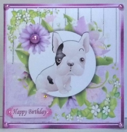 4 Lovely Card fronts with puppies, with pretty lilac flowers 8x8 Mini Kit by Hazel Underwood