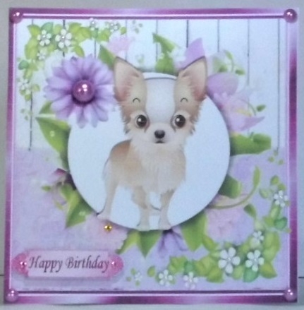 4 Lovely Card fronts with puppies, with pretty lilac flowers 8x8 Mini Kit by Hazel Underwood
