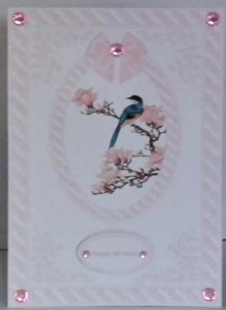 A5 pink and white bird on a branch step by step card front by Hazel Underwood