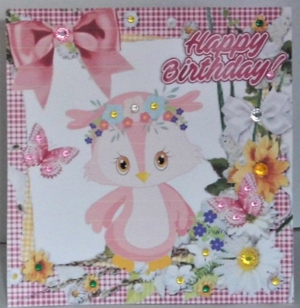 Cute little owl with flowers/butterflies in gingham frame 8x8 by Hazel Underwood