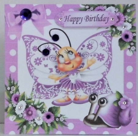 4 Cute toony butterfles with snail card fronts in  polkadot frame 7x7  by Hazel Underwood