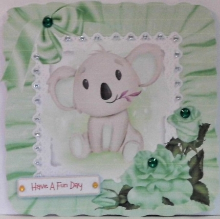 Cute water colour Koala Bear in frill 8x8 frame with green bow by Hazel Underwood