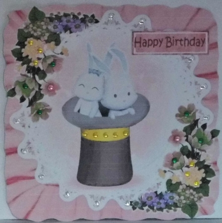 Bunnies in top hat with lace and flowers in pink frill 8x8 frame by Hazel Underwood