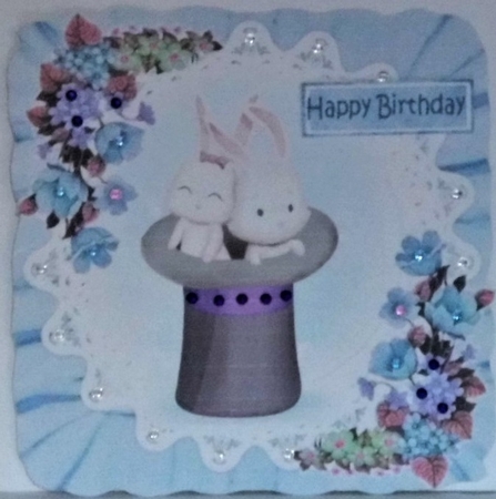  4 Lovely Bunnie  card fronts in top hats with lace, frill 8x8 Mini kit by Hazel Underwood