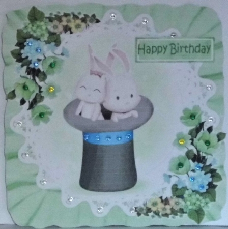  4 Lovely Bunnie  card fronts in top hats with lace, frill 8x8 Mini kit by Hazel Underwood