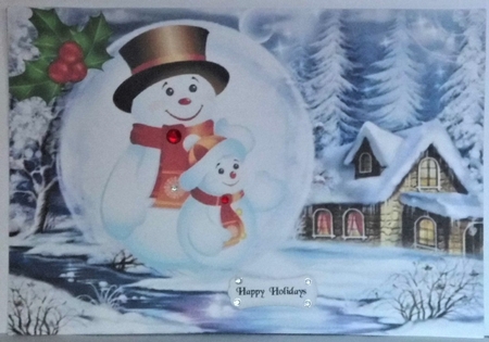 Lovely snow scene with snowman in snowball with holly A4 by Hazel Underwood
