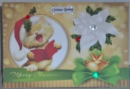 Cute Carol singing cat with bow and holly A4 by Hazel Underwood