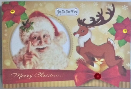 Santa with reindeer  with bow and poinsettias A4 by Hazel Underwood