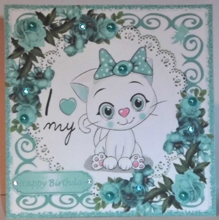 4 Lovely Card fronts of a white kitty wih roses 8x8 Mini kit by Hazel Underwood