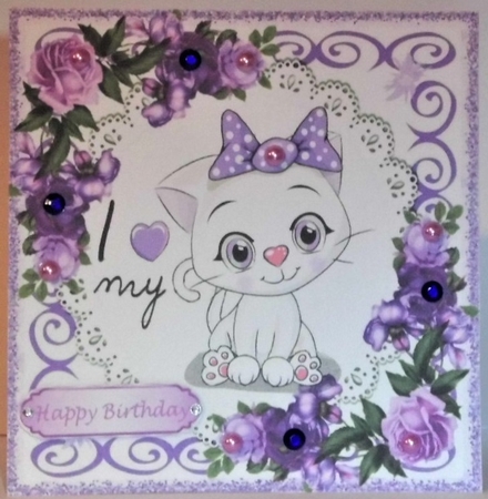 4 Lovely Card fronts of a white kitty wih roses 8x8 Mini kit by Hazel Underwood