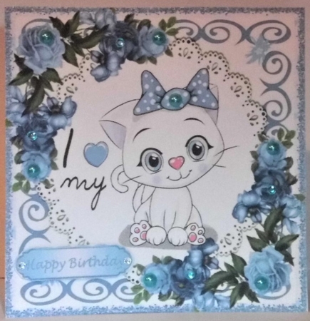 4 Lovely Card fronts of a white kitty wih roses 8x8 Mini kit by Hazel Underwood