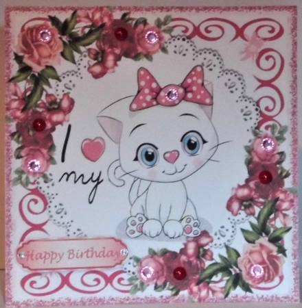 4 Lovely Card fronts of a white kitty wih roses 8x8 Mini kit by Hazel Underwood