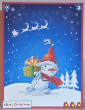 Christmas snowman with gift greeting card by Hazel Underwood