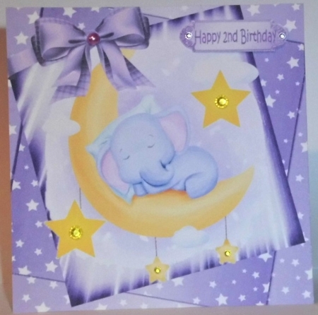 cute watercolour ele sleeping in purple star spangled sky with bow 8x8 by Hazel Underwood