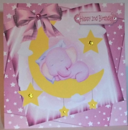 cute watercolour ele sleeping in pink star spangled sky with bow 8x8 by Hazel Underwood