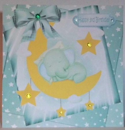 cute watercolour ele sleeping in turq star spangled sky with bow 8x8 by Hazel Underwood